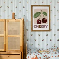 Wyposażenie pokoiku dziecięcego - Tapeta dla dziewczynki w paski biało-niebieskie z wisienkami - miniaturka - grafika 1