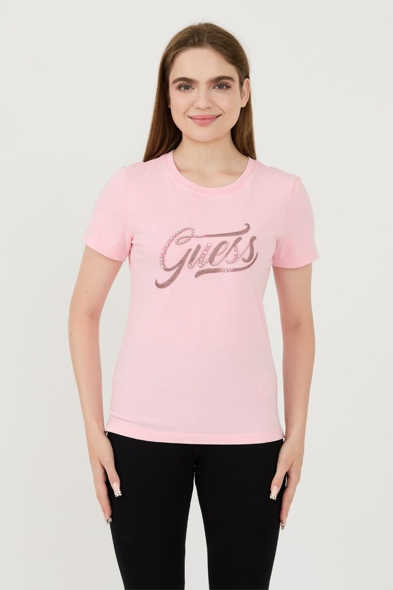 GUESS Różowy damski t-shirt bawełniany Stones&embro Tee L
