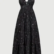 Sukienki - TEMU Letnia Sukienka Damska Boho Bez Ramiączek - Vintage Wzór Księżycowy i Botaniczny, Czarny z Fioletowymi/Białymi/Szarymi Kwiatowymi Motywami - miniaturka - grafika 1