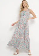 Sukienki - Miętowa Rozkloszowana Sukienka Bawełniana w Kwiatowy Print z Guzikami Jamallia - Born2be - miniaturka - grafika 1