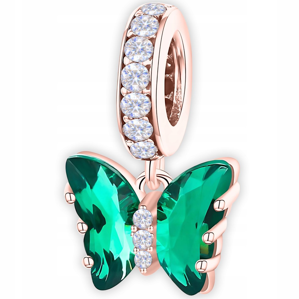 Charms Pozłacany Cyrkonia Kryształowa Zielony Motylek Owad Motyl SREBRO 925