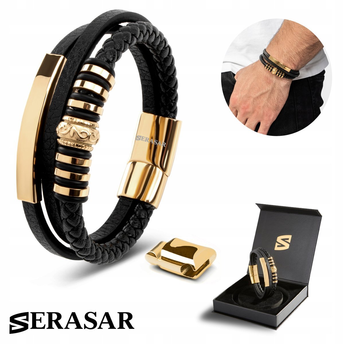 SERASAR męska skórzana bransoletka „Shine”, złoto, 17 cm - ze stalowym zapięciem magnetycznym - w zestawie pudełko prezentowe - modna opaska na nadg..