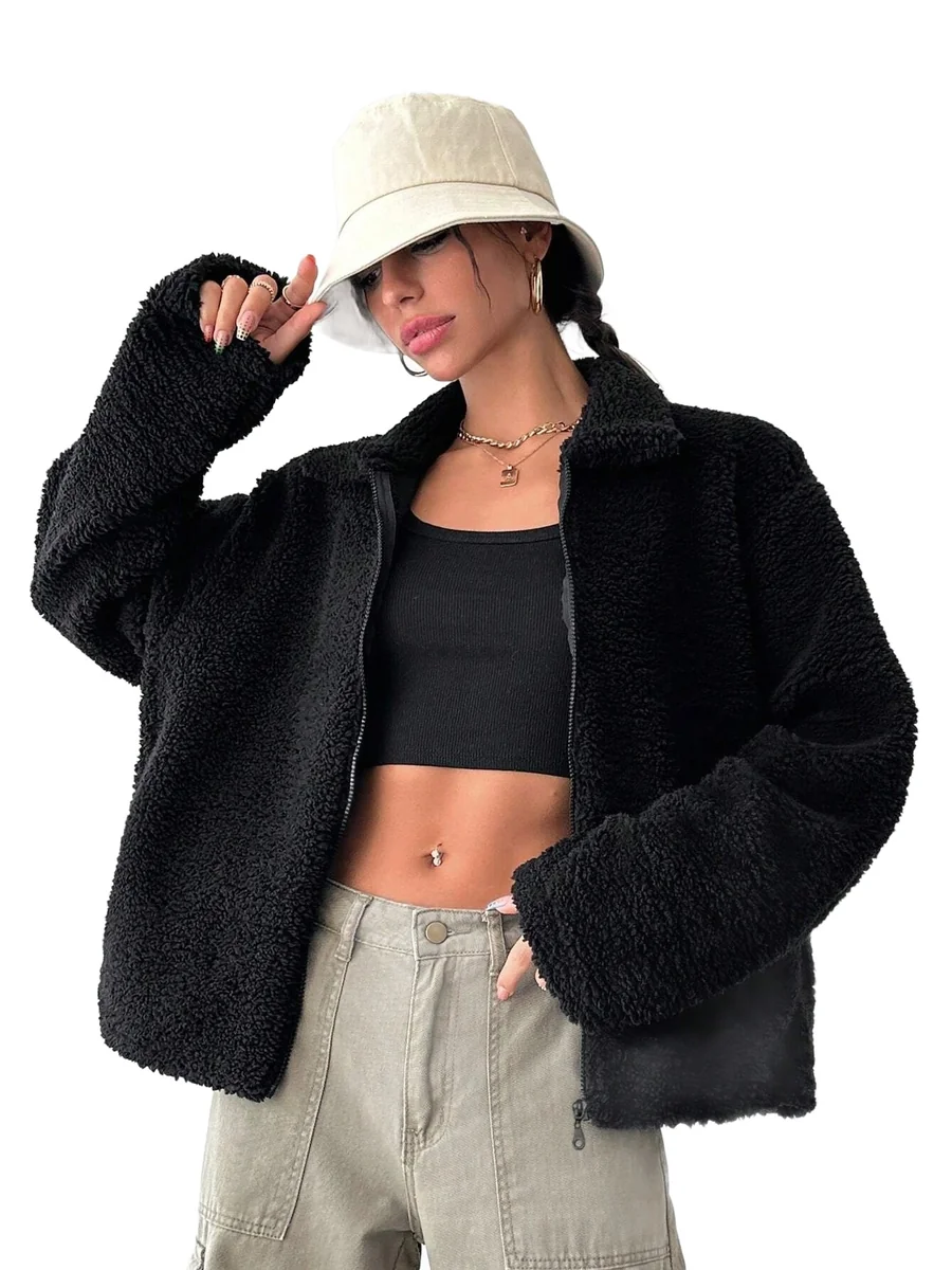 SHEIN CZARNA BLUZA DAMSKA Z KAPTUREM I GRUBYM PLUSZEM ZAMEK 50 1MA
