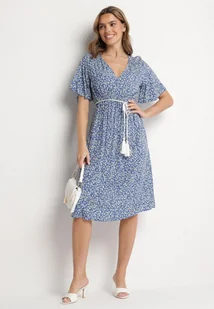 Niebieska Sukienka z Bawełny Rozkloszowana w Kwiaty Esirive - Sukienki - miniaturka - grafika 1