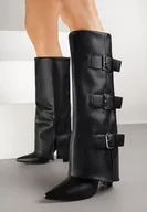 Kozaki damskie - Czarne Kozaki na Obcasie z Wywiniętą Cholewką i Klamrami Draine - miniaturka - grafika 1