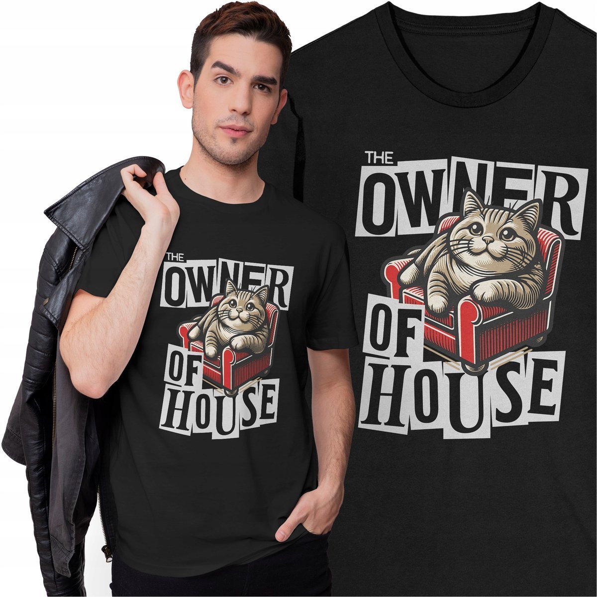 Koszulka Męska z Nadrukiem z Kotem Kotkiem Właściciel Domu Zwierzęta