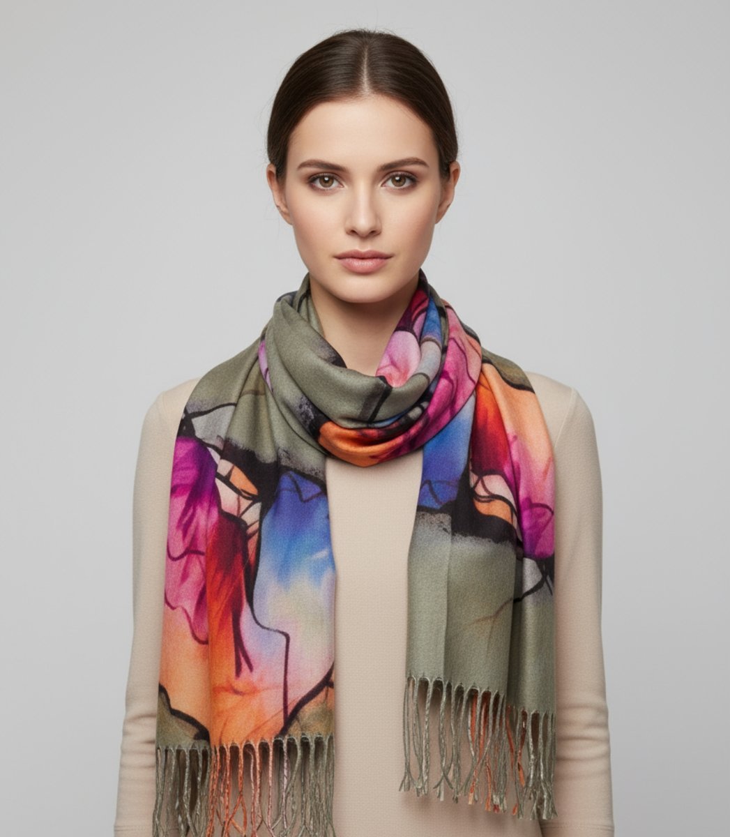 Chusta szal szalik abstrakcyjna wielokolorowa elegancka z frędzlami