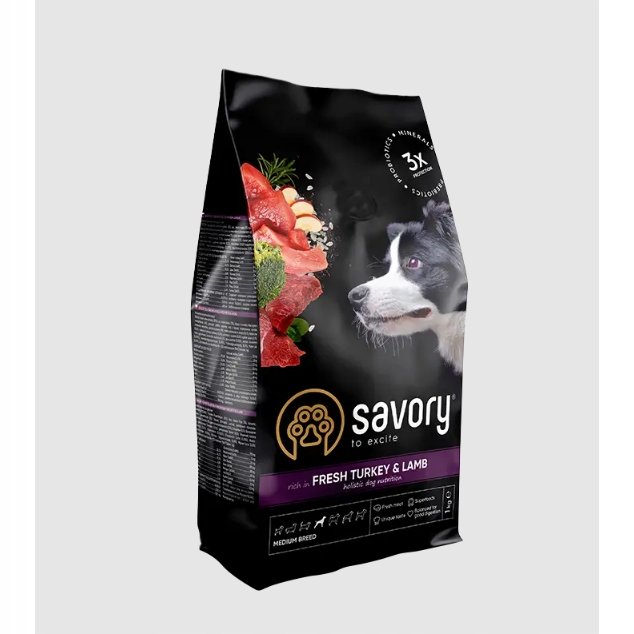 SAVORY KARMA SUCHA Z INDYKIEM I JAGNIĘCINA DLA PSÓW DOROSŁYCH ŚREDNICH RAS 12 KG