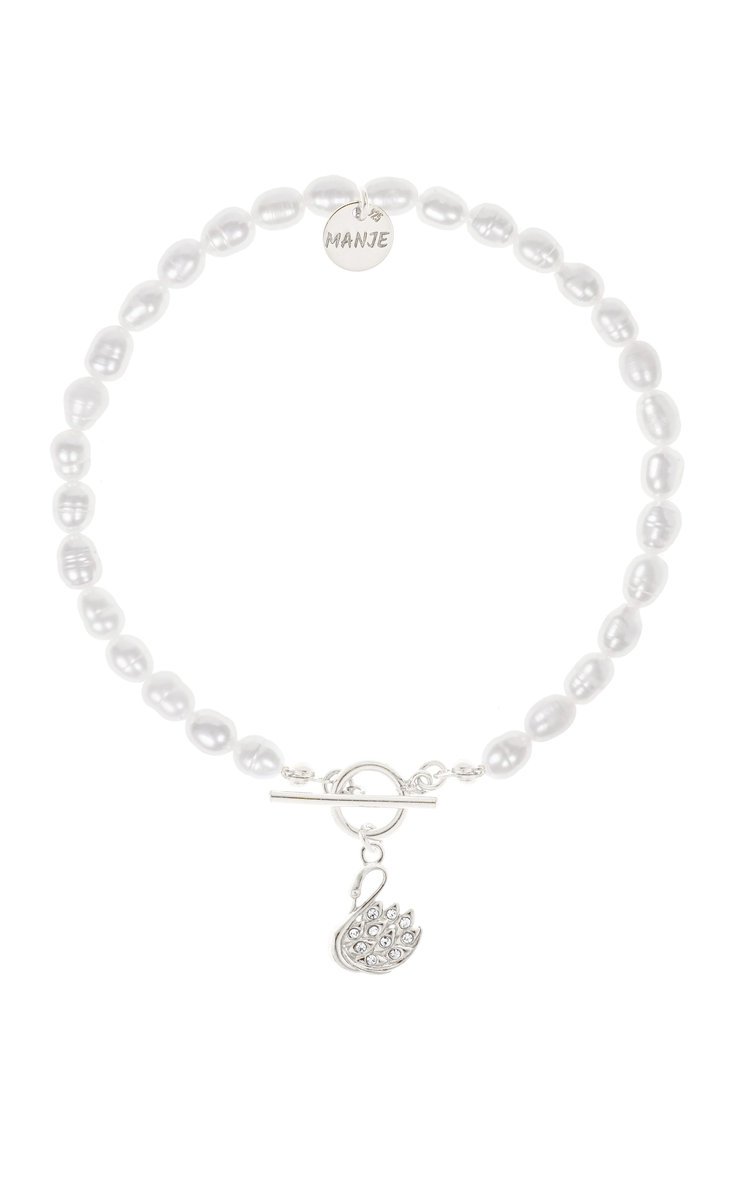 Bransoletka z pereł ze srebrnym łabędziem i kryształkami 17 cm