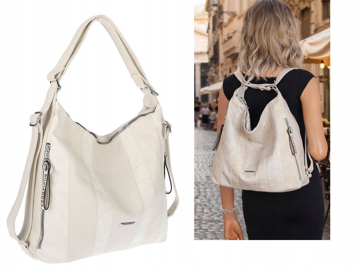 Torebka Damska Shopper Plecak Miejska 2w1 Worek Torba na Ramię SR090 Beżowa