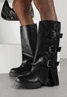 Kozaki damskie - Czarne Kozaki VICES z Cholewką Imitującą Nogawkę z Klamrami Analeria - miniaturka - grafika 1