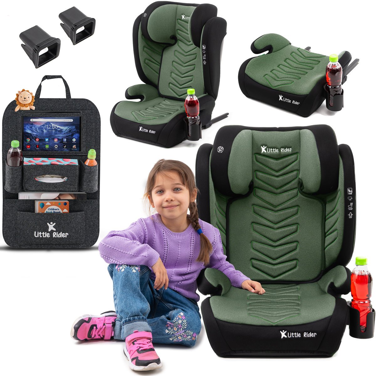 FOTELIK SAMOCHODOWY MODEL LEONARDO CZARNO-ZIELONY PIKOWANY R129 100-150 CM ISOFIX