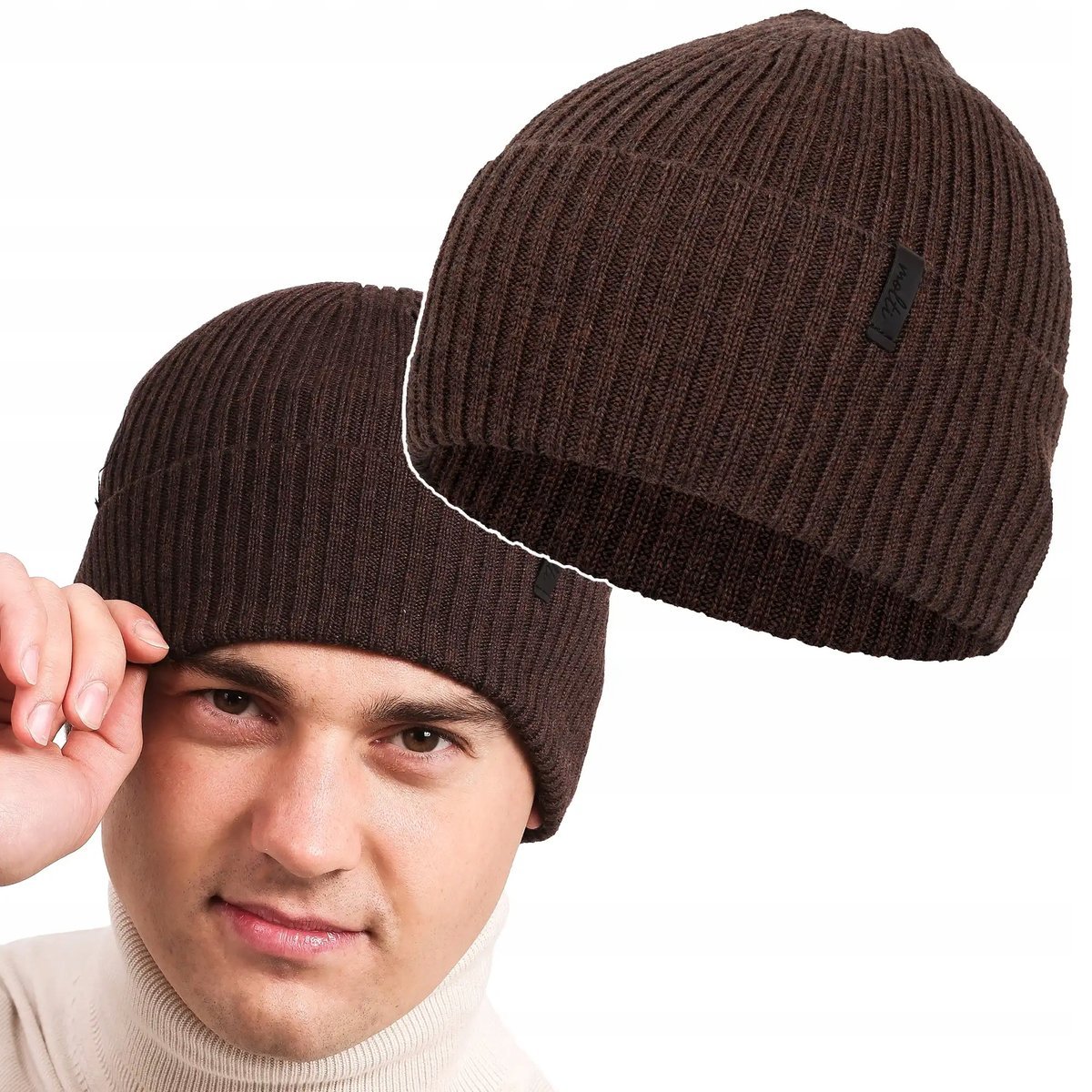 Czapka męska zimowa ciepła na zimę wełniana MERINO klasyczna WYGODNA 55-60