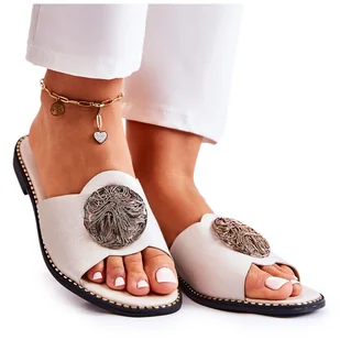 S.Barski Damskie Skórzane Klapki Z Ozdobą Złote Colene złoty - Klapki i japonki damskie - miniaturka - grafika 1