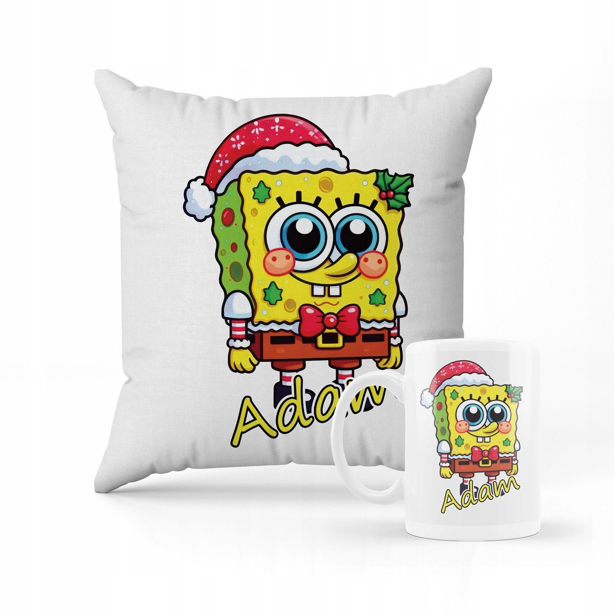 ZESTAW PODUSZKA + KUBEK Spongebob święta + IMIĘ 2