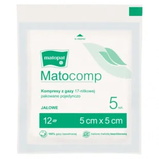 Matocomp Kompresy jałowe z gazy 17 nitkowe 12 warstwowe 5 x 5 cm, 5 sztuk - Apteczki i materiały opatrunkowe - miniaturka - grafika 1