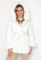 Kurtki damskie - Biała Kurtka Ozdobiona Futerkiem ze Ściągaczami w Talii i Kapturem Atermi - miniaturka - grafika 1