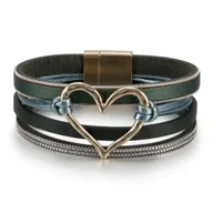 Bransoletki - Wielowarstwowa skórzana bransoletka z sercem w stylu boho zielony - miniaturka - grafika 1