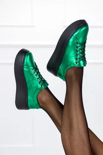 Sneakersy damskie - Zielone sneakersy skórzane damskie metaliczne buty sportowe sznurowane na platformie PRODUKT POLSKI Casu 2290 - grafika 1