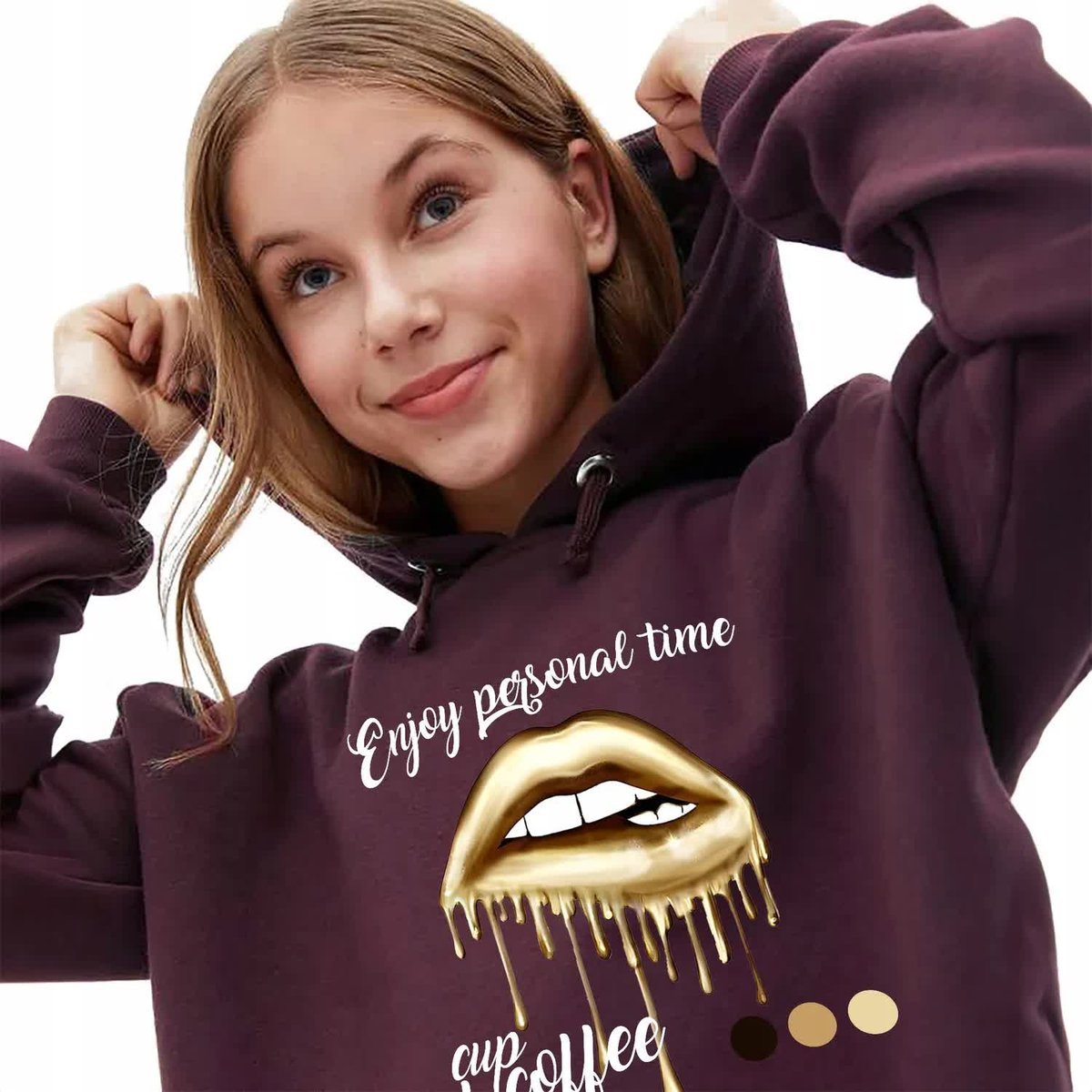 Bordowa Bluza Damska Z Kapturem ENJOY PERSONAL TIME Stylowe Kobiece Wz - XL