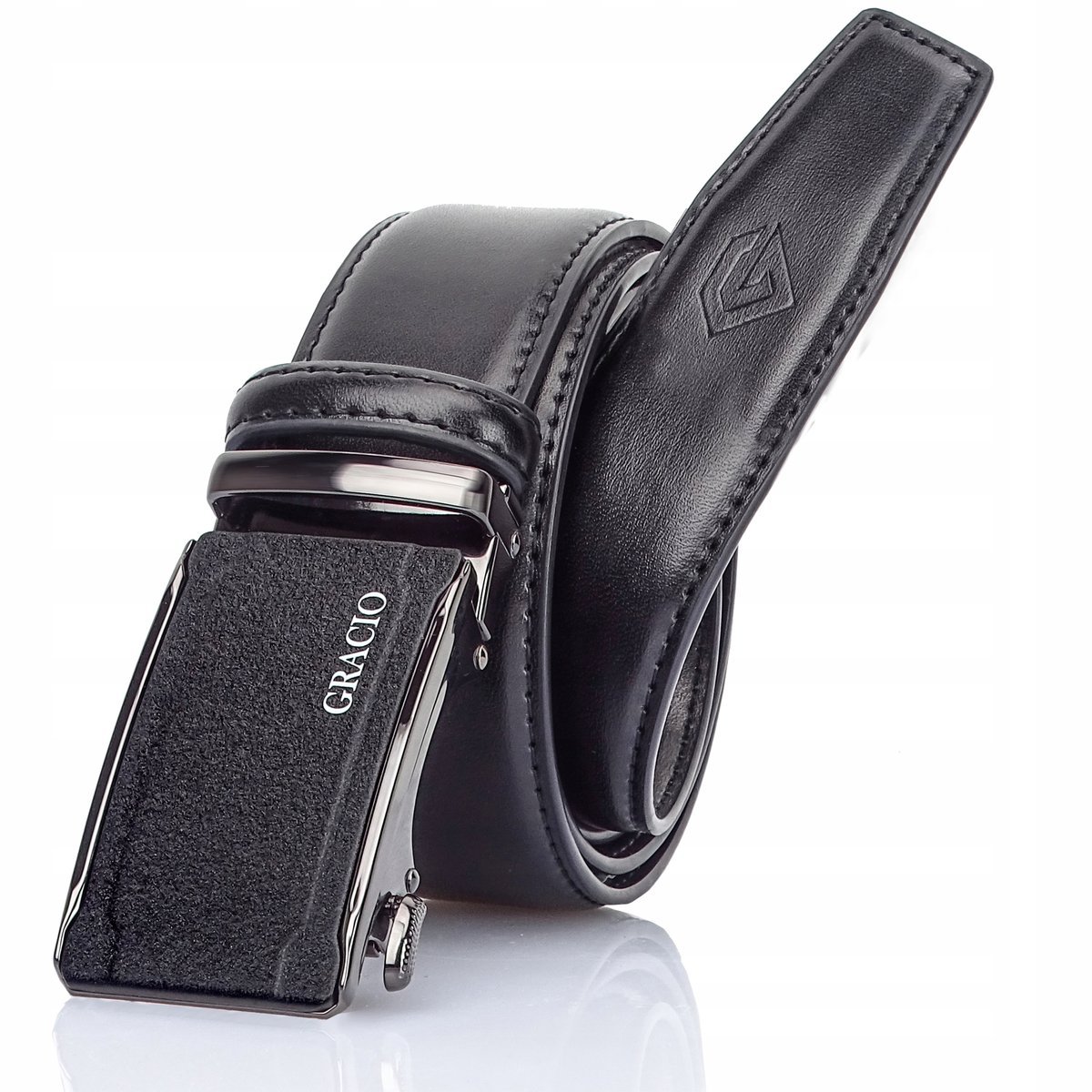 Pasek skórzany męski automat Czarny OBSZYWANY 120cm GRACIO