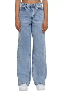 Spodnie damskie - Urban Classics Damskie spodnie jeansowe z szerokimi nogawkami, Przyciemniane jasnoniebieskie sprane, 34 - grafika 1
