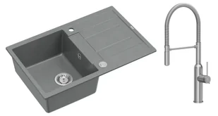 Quadron Unique Zlewozmywak granitowy jednokomorowy 78*50*22 cm z ociekaczem MORGAN 111 SILVER STONE z syfonem Push-2-Open w kolorze stalowym z baterią MARILYN Q LINE z ruchomą wylewką kolor stal szczotkowana - Zlewozmywaki z baterią - miniaturka - grafika 1