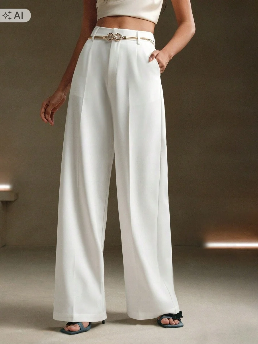 SHEIN BIAŁE ELEGANCKIE SPODNIE PALAZZO W KANT Z WYSOKIM STANEM Petite M 1ŁA