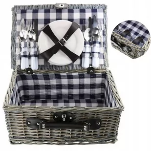 Sakosta Kosz wiklinowy piknikowy z zestawem dla 4 osób kolor szary wzór krata fioletowo-biała - Zestawy upominkowe - miniaturka - grafika 1