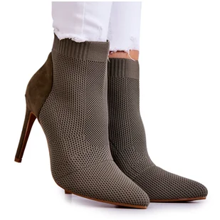 S.Barski Damskie Botki Ze Skarpetą Na Szpilce Khaki Last Night brązowe zielone - Botki damskie - miniaturka - grafika 1