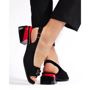 Goodin Ażurowe sandały damskie na niskim obcasie czarne - Czółenka - miniaturka - grafika 1