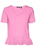 Bluzki damskie - VERO MODA BLUZKA BAWEŁNIANA Z AŻUROWĄ FALBANĄ RÓŻOWA S J5E - miniaturka - grafika 1