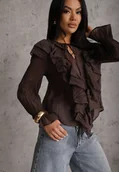 Bluzki damskie - Brązowa Bluzka z Lyocellem w Stylu Boho z Wiązaniem pod Szyją i Falbanami Tasimi - miniaturka - grafika 1