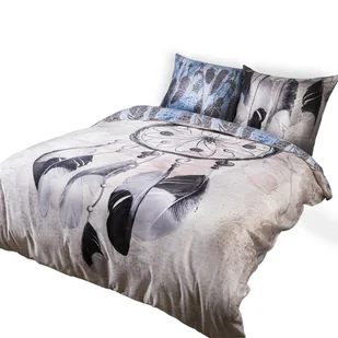 Pościel satynowa 160x200 22406 granatowa różowa pudrowa pióra Panel - Pościel - miniaturka - grafika 1