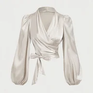 Koszule damskie - TEMU stylowa i elegancka koszula damska z dekoltem w serek i długim rękawem, z kokardą, o asymetrycznym krzyżowym kroju w jednolitym kolorze [Letni - miniaturka - grafika 1