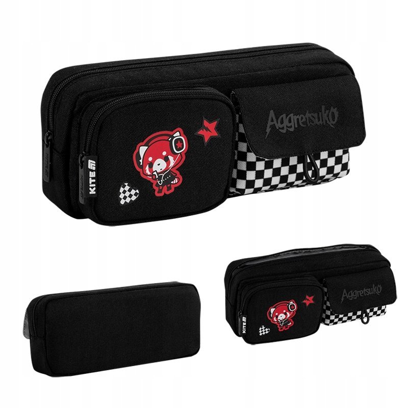 Piórnik saszetka dla dziewczynek z kieszeniami czarny Aggretsuko Kite
