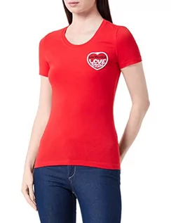 Koszulki i topy damskie - Love Moschino Damska koszulka z krótkim rękawem z haftem Love Storm z efektem dzianiny w kształcie serca, Czerwony, 70 - grafika 1