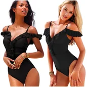 Stroje kąpielowe - Wyszczuplający strój kąpielowy jednoczęściowy kostium czarny falbanka M - miniaturka - grafika 1