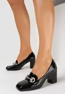 Półbuty damskie - Czarne Półbuty na Obcasie w Stylu Mokasynów z Klamrą Sirelen - miniaturka - grafika 1