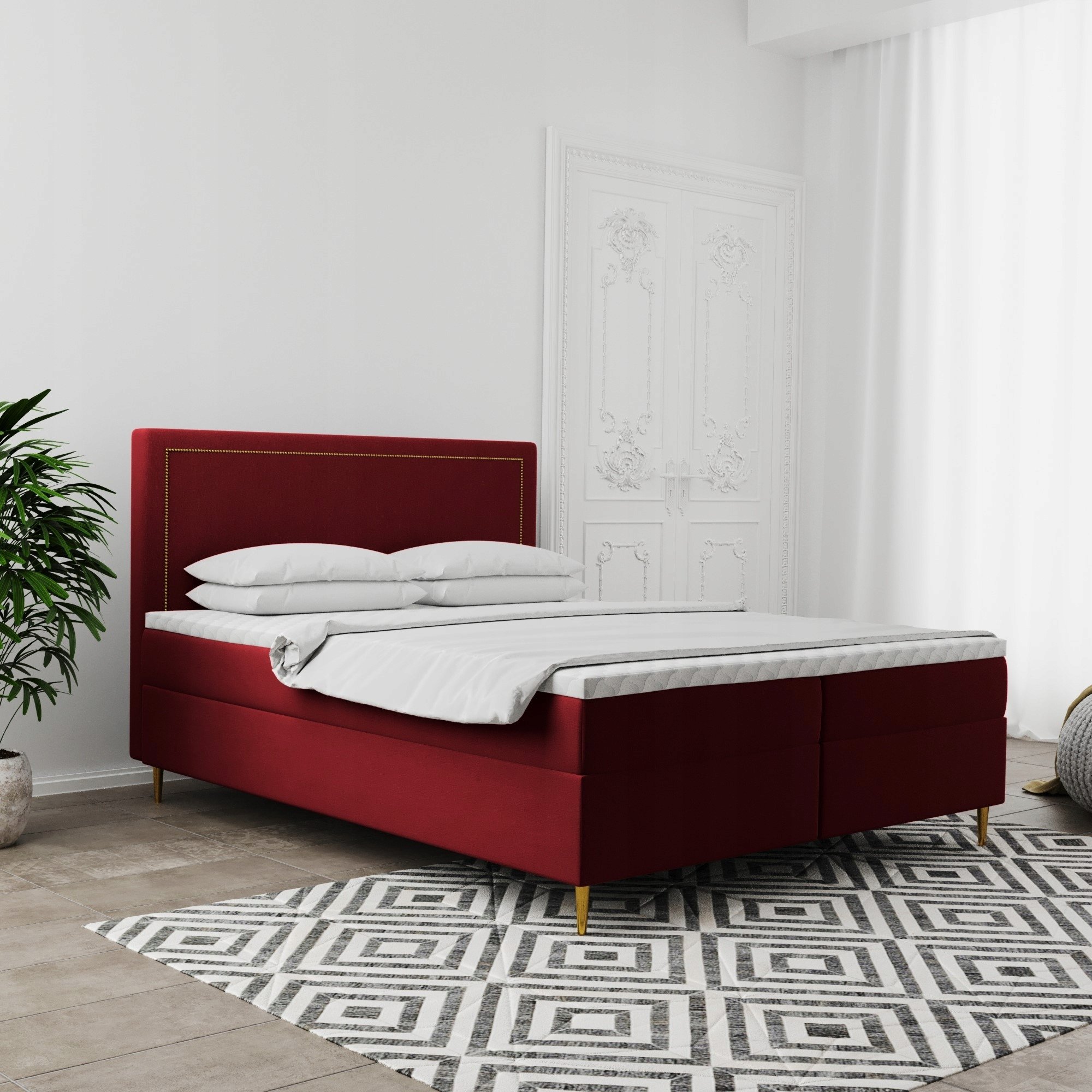 Łóżko kontynentalne GOLDEN z materacem 200x200 tkanina Matt Velvet czerwony