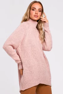 Swetry damskie - Asymetryczny sweter z półgolfem - pudrowy - Merg - grafika 1