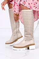 Kozaki damskie - Beżowe kozaki ażurowe na platformie POLSKA SKÓRA Casu 850-L-41 - miniaturka - grafika 1