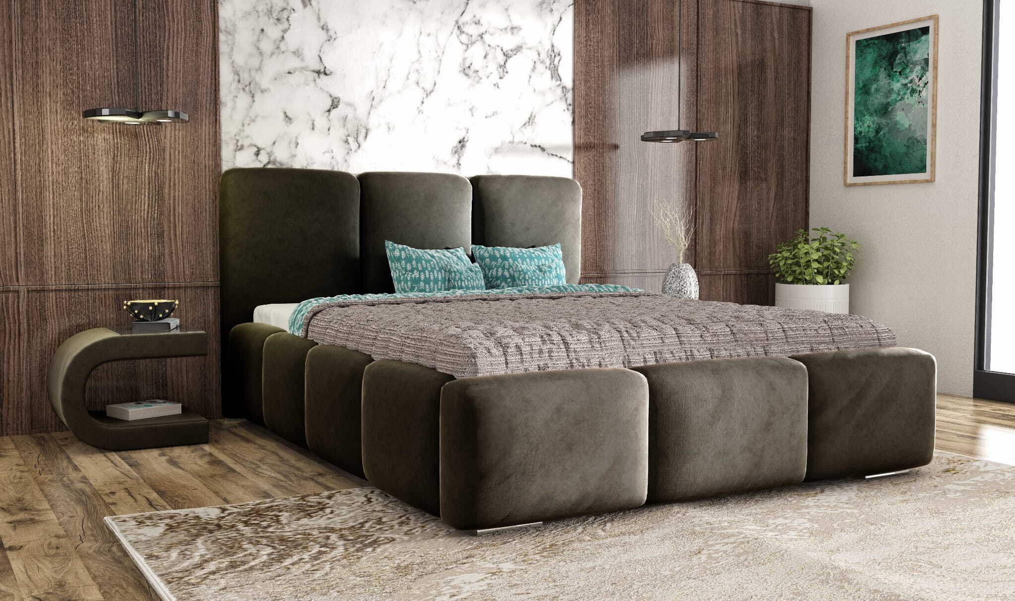 Łóżko tapicerowane AGMAT ROYAL z wezgłowiem, 140 x 200 cm, łóżko podwójne z podstawą łóżka i stelażem z listew metalowych, tkanina welurowa, kolor: brązowy