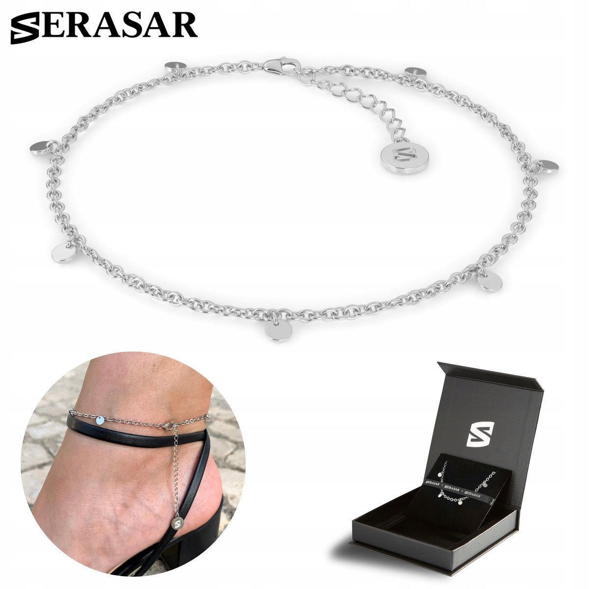 SERASAR, bransoletka na kostkę ze srebra próby 925 dla kobiet z napisem „Coin” wykonana z 18-karatowego złota, regulowana długość, kolor srebrny, w ..