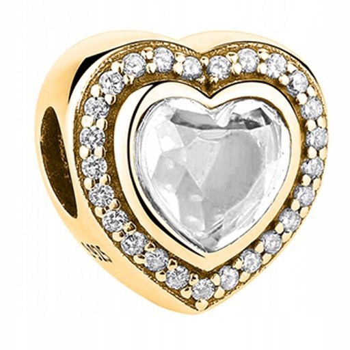 Złoty Charms Biały Kamień z Cyrkoniami Kryształ Serce Heart SREBRO 925