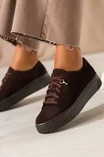 Półbuty damskie - Czekoladowe sneakersy skórzane damskie buty sportowe na platformie z kłódką sznurowane PRODUKT POLSKI Casu 1145 - miniaturka - grafika 1