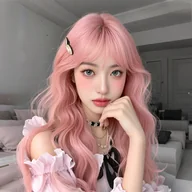 Pozostałe akcesoria fryzjerskie - TEMU Różowa długa, kręcona syntetyczna peruka z prosto obcinanymi wąsami dla kobiet - Włóknem odpornym na ciepło, idealna do cosplay, i kostiumów na - miniaturka - grafika 1