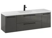 Szafki łazienkowe - Szafka Wisząca Z Umywalką RON 140 cm D - Titan Wysoki Połysk - Uchwyty Czarne Matowe - miniaturka - grafika 1