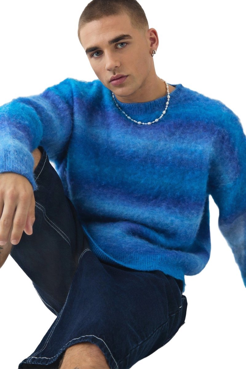 BOOHOOMAN MĘSKI SWETER AKRYLOWY NIEBIESKI MELANŻ OKRĄGŁY DEKOLT XS Z3A*
