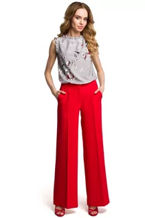 Spodnie damskie - Eleganckie Szerokie Czerwone Spodnie w Kant - grafika 1